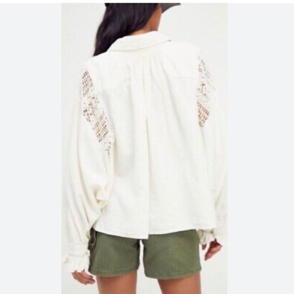 Free People Louisa shirt jacket cream Size XS Linen Blend Lace oversized - Picture 4 of 12